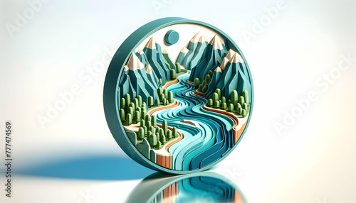 3d flat icon as River Reflections Reflect the serene flow of rivers through scenic landscapes. in Global Business  theme with isolated white background ,Full depth of field, high quality ,include copy