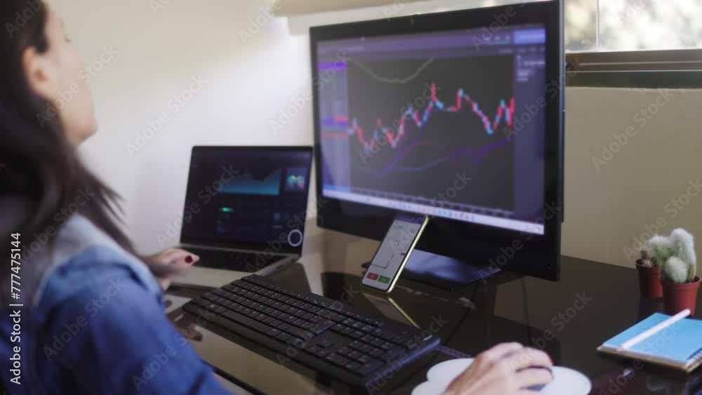 Trader business woman studying stock market investment at home. Finance and strategy concept Trader business woman studying stock market investment at home. Finance and strategy concept