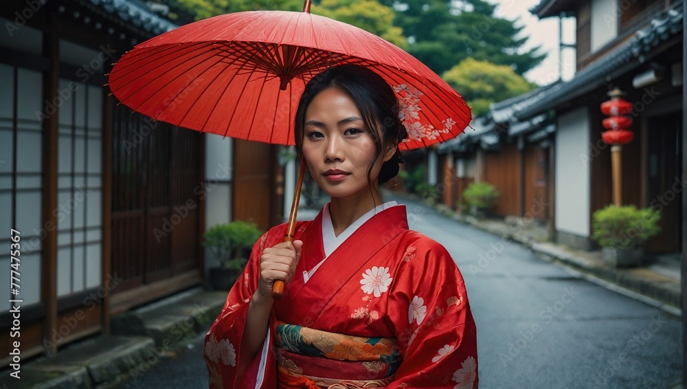 Portrait of a beautiful attractive Asian woman in traditional Japanese clothing, kimono, with an umbrella