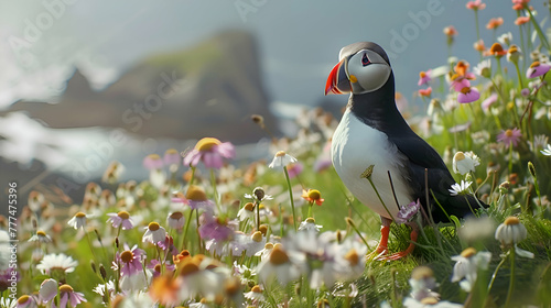 A puffin standing tall amidst a field of wildflowers, its feathers ruffled by a gentle breeze, with a serene, blurred coastal landscape in the distance photo