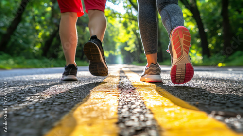 Morning Walk on a Sunlit Forest Road. A close-up of two individuals' feet in sneakers, walking along a sunny forest road, highlighted by the warm glow of morning light