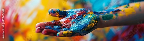 Wallpaper Mural A child is playfully creating art with bright paint, their hand a kaleidoscope of colors. This image captures the essence of a joyful and imaginative youth in contrast with a contemporary setting. Torontodigital.ca