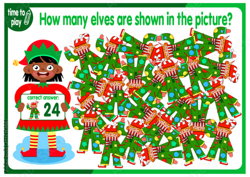 Count how many elves are hidden in the picture. How many objects are there in the picture? Educational game for children. Colorful cartoon characters. Funny vector illustration.