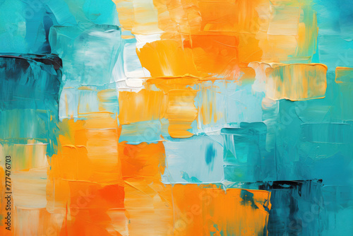 Bright abstract painting with a blend of refreshing blues and warm oranges, ideal for contemporary interiors, digital designs, and creative projects.