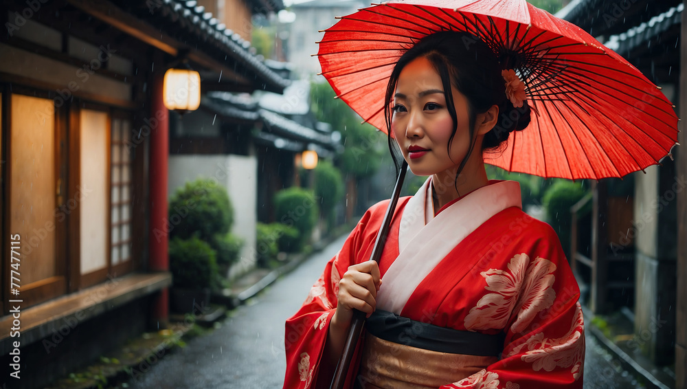 Portrait of a beautiful attractive Asian woman in traditional Japanese clothing, kimono, with an umbrella
