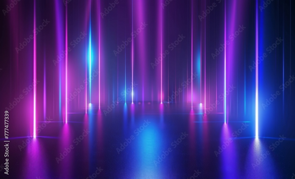 Abstract background with blue and purple neon lights, glowing stripes on dark backdrop Dark room with light beams, virtual space for presentation or display of products Generative AI