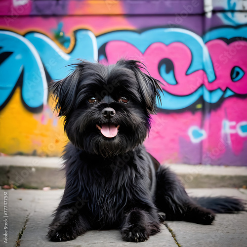 Affenpinscher dog surrounded by vibrant graffiti art on a city street, adding an urban and modern twist