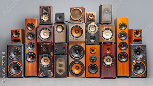  large stack of vintage music audio speakers, Music sound speakers hanging on the wall in retro vintage style, stacked sound boxes modern, generative ai