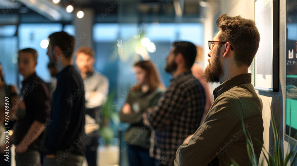 Investors attending a pitch day event hosted by a startup accelerator, scouting for promising investment opportunities Investors attending a pitch day event hosted by a startup accelerator, scouting for promising investment opportunities