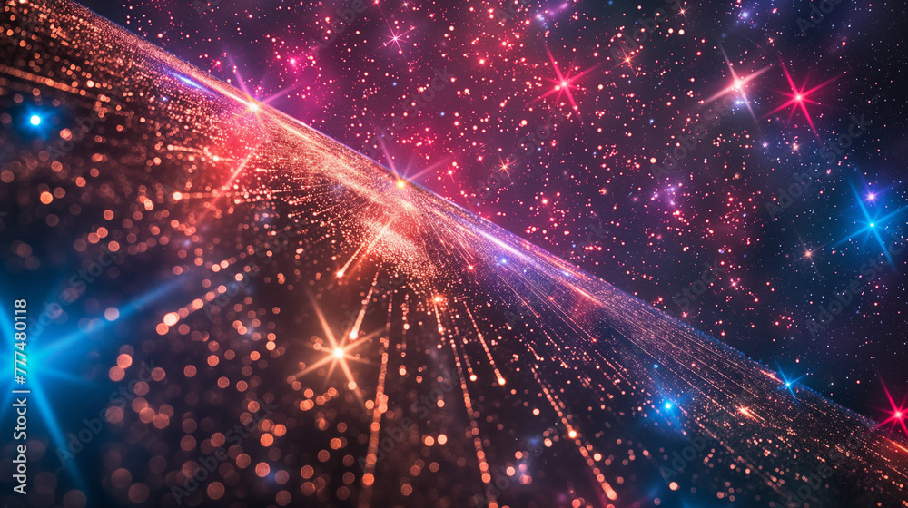 A cosmic background with colorful red and blue laser lights.