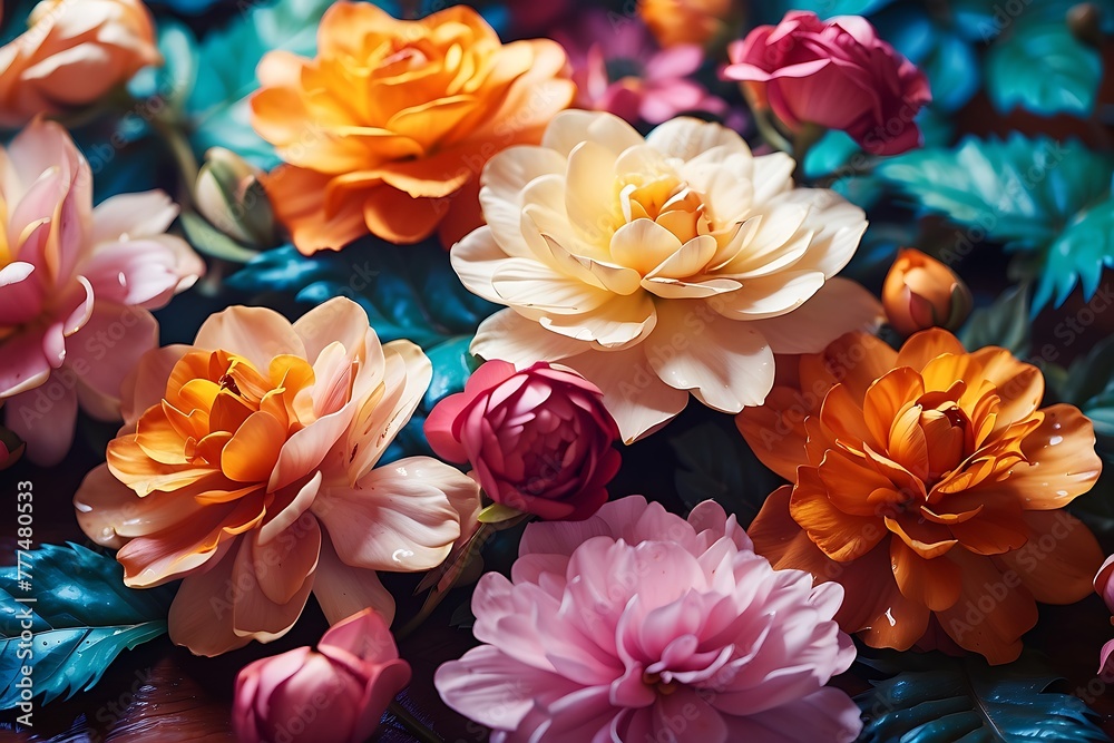 Colorful artificial flowers. Colorful artificial flowers background. Close up.