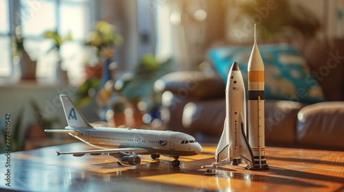 Miniature plane and rocket ship on a table