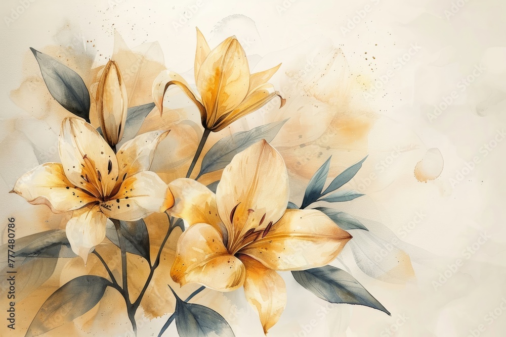 The artwork features delicate lily blossoms painted with shimmering gold ink in a watercolor floral design.