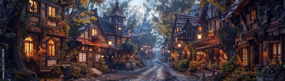 Naklejka premium Dreamy village in Europe with cobblestone streets. Imaginary world setting. Artistic portrayal. CGI imagery for gaming. Creative industry visuals. Abstract landscape design. Innovative AI creation.