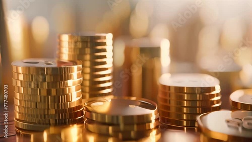 Stacks of gold coins with bokeh light effect.  photo