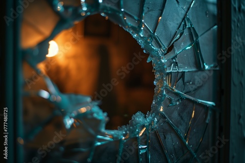 Blue illuminated broken window glass photo