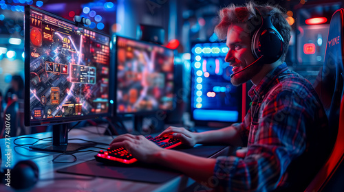 Focused gamer with headphones intensely playing a video game with neon-lit screens around