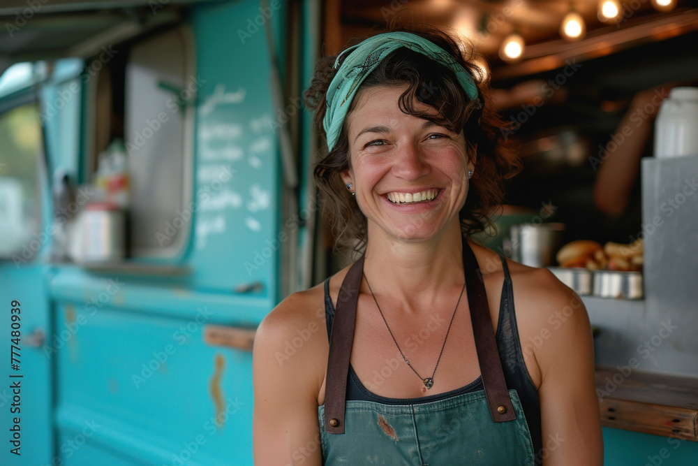 Happy woman in apron standing in front of food truck ready to serve customers with delicious meals Happy woman in apron standing in front of food truck ready to serve customers with delicious meals