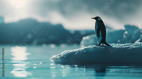 A sleek emperor penguin standing tall on a pristine iceberg, its silhouette highlighted against the icy blue waters, offering a perfect copy space with a dreamy, blurred background