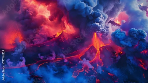 A spectacle of fire and color as molten lava and ash shoot high into the air from the erupting volcano. photo
