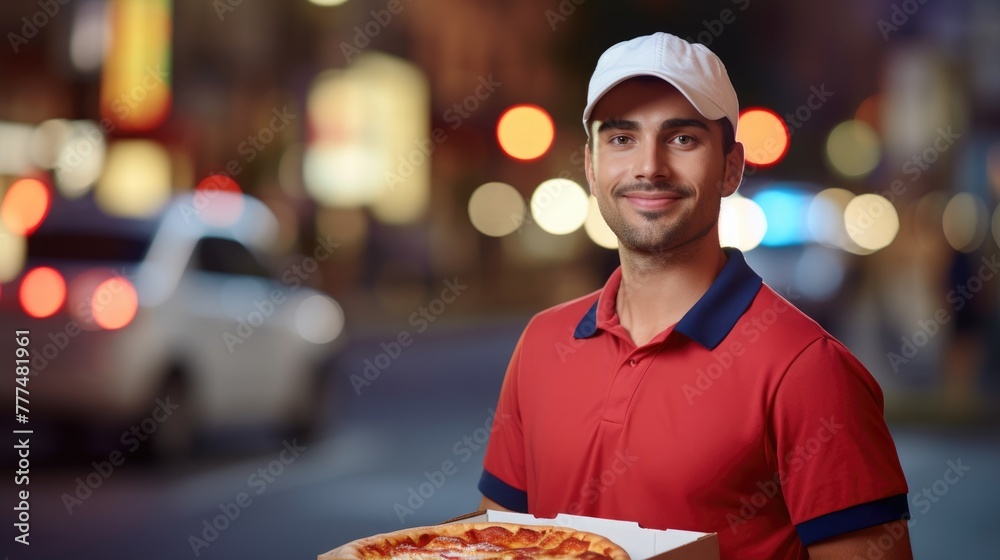 Pizza delivery service face portrait, blurred city street background