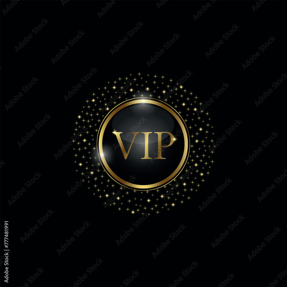 Fototapeta premium Vip premium quality golden badge on black background. Vip lettering in round frame with sparkles. Bright sign of exclusivity. Vector illustration.