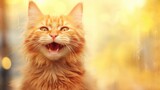 Cute orange cat face portrait, closeup view, blurred yellow background