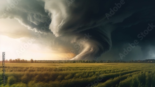 Natural disasters news banner. Hurricane with big tornado. Storm in the field
