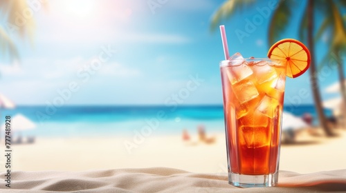 Cocktail on the beach, closeup view. Mai Tai cocktail recipe. Tropical cold drink horizontal banner
