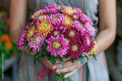 A woman hands gently hold a vibrant bouquet of chrysanthemums