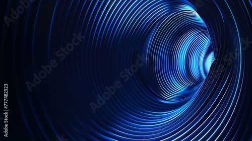 Abstract glowing blue circle lines on dark blue background. Geometric stripe line art design.
