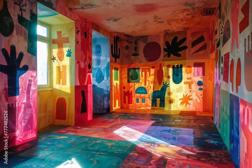 An artistic room adorned with vibrant murals hand-painted on the walls using an array of colorful hues.