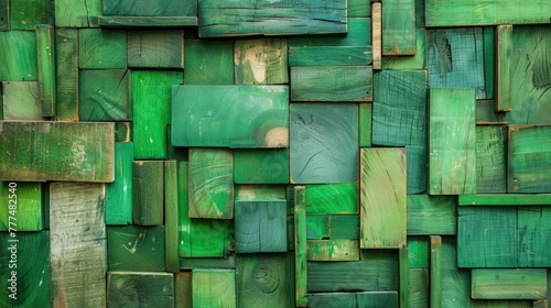 A creatively arranged wooden background  with pieces varying in green shades and textures  offering a rich  abstract  top view perspective.