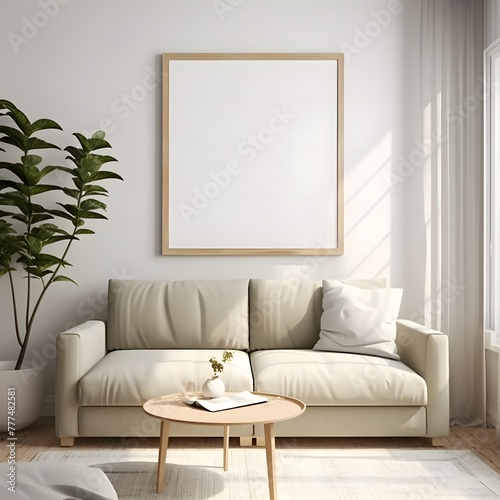 Frame mockup. Living room wall poster mockup. Interior mockup with house background. Modern interior design. 3D render © horizon