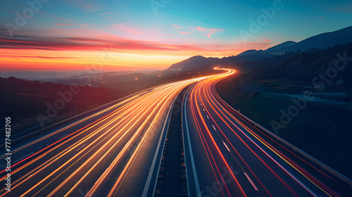 road car light streaks, colorful light trails with motion blur effect, light trails in tunnel, Travel Background Line Ecology Highway Long Exposure Motorway Night  Trails High quality, Generative Ai photo