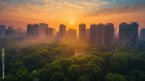 Panoramic modern city in sunrise with green forest.