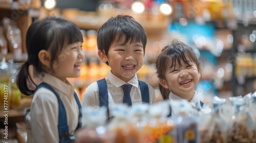 Joyful Asian Japanese kids in business attire chat and laugh by an exhibition booth, with tables of products and milk cups in the background.