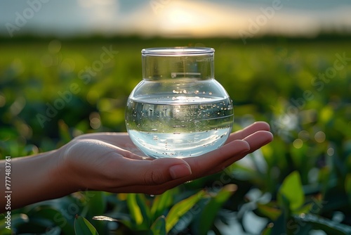 The person is holding a glass of liquid, possibly water, in their hand. Nearby is a plant with grass and groundcover. They seem to be in nature, enjoying the drink