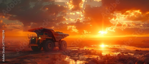 Sunset scene of a haul truck transporting mined material in an open-pit mine. Concept Mining Industry, Haul Truck, Open-Pit Mine, Sunset Scene, Mined Material Transport