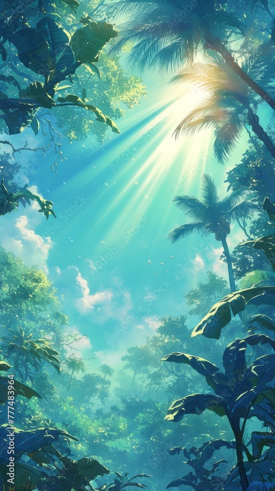 Obraz premium Illustration of a wild tropical jungle in muted green colors, , bright sun rays penetrating through palm trees and plants