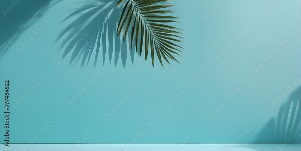 Blurred shadow from palm leaves blue wall. abstract Spring and summer background for product presentation Blurred shadow from palm leaves blue wall. abstract Spring and summer background for product presentation