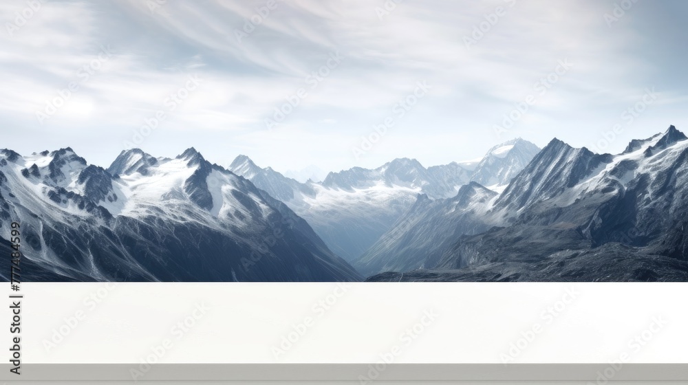 Swiss mountains landscape background with empty space. White empty table top in front, blurred winter mountains panorama - obrazy, fototapety, plakaty 