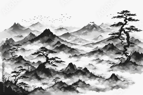 Asia Ink Style Landscape: Traditional Oriental Inspired  Background Illustration