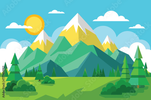 Landscape Of Mountains And Green Hills. Summer Nature Landscape With Rocks, Forest, Grass, Sun, Sky and Clouds. National Park or Nature Reserve. Vector Illustration