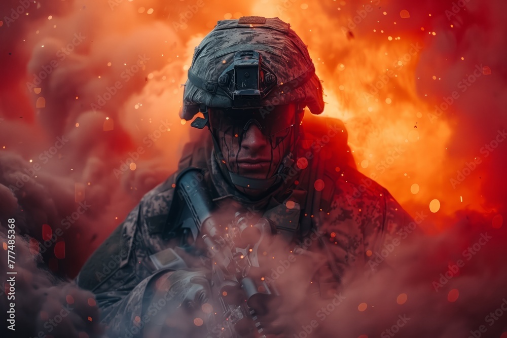 Silhouette of a soldier amidst fiery smoke