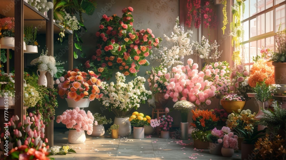 3D rendering of female florists are arranging flowers for customers who come to order them for various ceremonies such as weddings, Valentine's Day or to give to loved ones