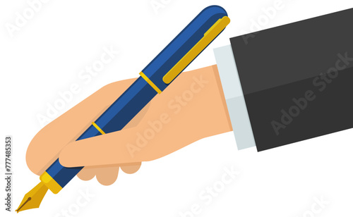 A hand holds a blue and gold pen on a white background in a flat design style