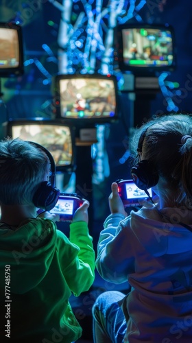 Children play computer games on TV using a game console, a child with a game console in his hands