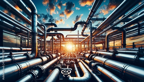pipes at industrial refinery during sunset concept of petrochemical industry and engineering photo