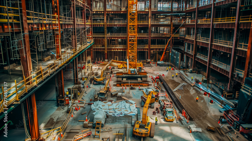 The construction site bustles with activity as cranes lift steel beams ...